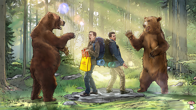 Total Shot - Die Beiden stehen auf einer Lichtung im Wald und sind umringt von zwei bedrohlichen Grizzlybären.