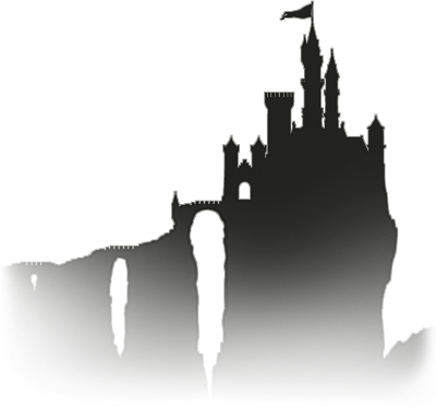 The silhouette of an old, large castle resting on a rock.