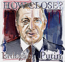 Karikatur von Erdogan und Putin in Feder und Aquarell