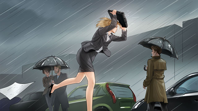 Die Frau rennt mit der Aktentasche über den Kopf durch strömenden Regen.