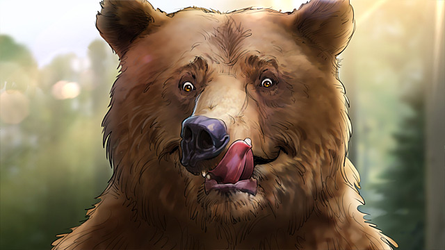 Der Bär schleckt sich mit seiner grßen Zunge übers Maul - er scheint richtig angetan von dem Honig.